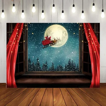 Рождественское окно, Зимний фон, Фотография Снежного Леса, День Рождения, Красный занавес, Ночь Полнолуния, Украшение вечеринки с Оленями Санта