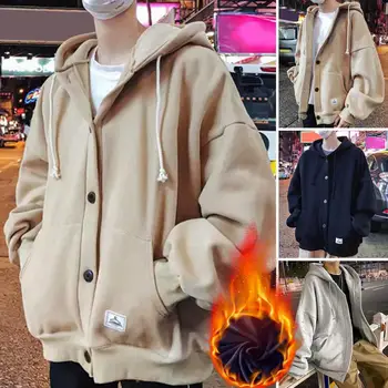 Теплая мужская куртка, стильная мужская однобортная зимняя куртка с капюшоном и карманами на завязках, теплое плюшевое пальто в уличном стиле