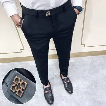 Тонкие и высококлассные облегающие западные мужские корейские брюки small foot с прямой подвеской в виде трубки, ощущающие себя деловыми повседневными брюками Изображение 2