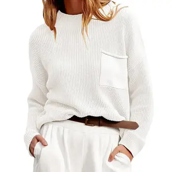 Базовые джемперы, топы, уютный женский вязаный свитер с круглым вырезом и карманом, толстая теплая стильная осенне-зимняя уличная одежда, женская эластичная одежда Изображение 2