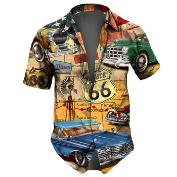 Винтажные мужские рубашки Route 66 Графическая одежда Повседневные Свободные топы с короткими рукавами Уличная Летняя одежда Мужские Гавайские рубашки