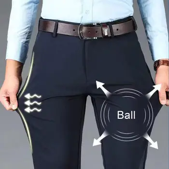Зимние мужские брюки, теплые плюшевые мужские костюмные брюки, стильные деловые брюки с высокой талией, с глубоким вырезом в промежности, удобные карманы, боковые карманы для мужчин Изображение 2