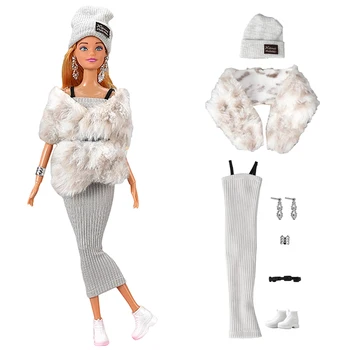 NK 7 шт., набор для вечеринки элегантной куклы noble model: белое платье + шаль из искусственного меха + серьги для одежды куклы Барби, аксессуары