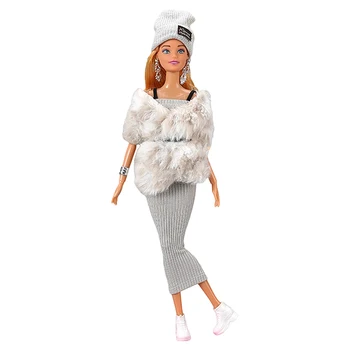 NK 7 шт., набор для вечеринки элегантной куклы noble model: белое платье + шаль из искусственного меха + серьги для одежды куклы Барби, аксессуары Изображение 2