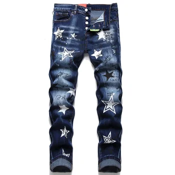 Обтягивающие мужские джинсы в стиле хип-хоп, рваные джинсовые брюки Slim Fit с граффити, уличная одежда Harajuku, Байкерские брюки Hunans, Мужская одежда