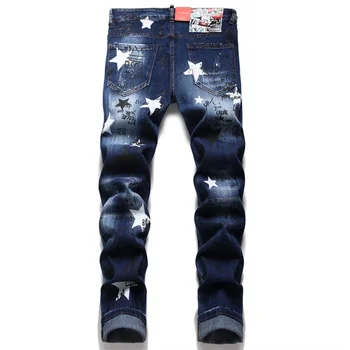 Обтягивающие мужские джинсы в стиле хип-хоп, рваные джинсовые брюки Slim Fit с граффити, уличная одежда Harajuku, Байкерские брюки Hunans, Мужская одежда Изображение 2