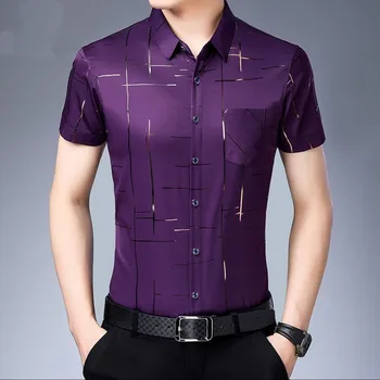 Весенне-летняя однобортная деловая мужская одежда с воротником-поло, приталенная мужская рубашка в полоску 2023, разноцветные топы в клетку с принтом Изображение 2