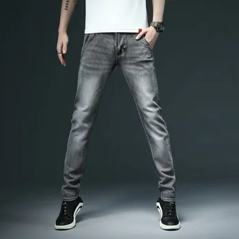 2023 Новые мужские узкие белые джинсы, модные повседневные эластичные хлопковые узкие джинсовые брюки, мужская брендовая одежда, Черный, серый, хаки Изображение 2