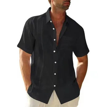 Летние мужские рубашки, карман на лацкане, Однобортный кардиган, однотонная повседневная мужская рубашка из хлопка и льна с короткими рукавами