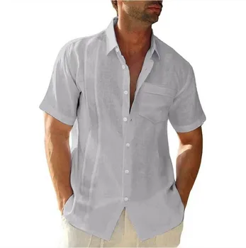 Летние мужские рубашки, карман на лацкане, Однобортный кардиган, однотонная повседневная мужская рубашка из хлопка и льна с короткими рукавами Изображение 2