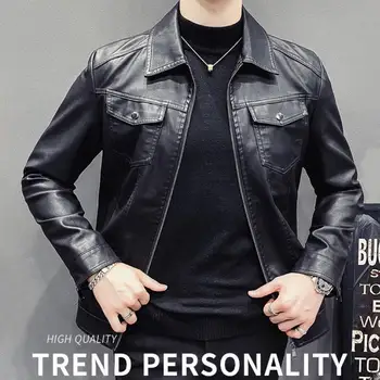 Мужская куртка, черная мотоциклетная куртка с отворотом на молнии, модное прочное пальто из искусственной кожи для дома и улицы