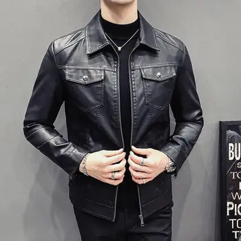 Мужская куртка, черная мотоциклетная куртка с отворотом на молнии, модное прочное пальто из искусственной кожи для дома и улицы Изображение 2
