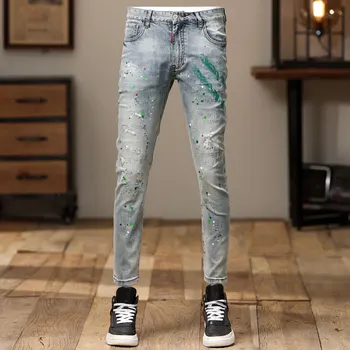 Уличная мода, мужские джинсы в стиле ретро, синие, стрейчевые, приталенные, с принтом, рваные джинсы, мужские раскрашенные дизайнерские джинсовые брюки-карандаш в стиле хип-хоп