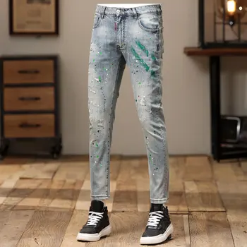 Уличная мода, мужские джинсы в стиле ретро, синие, стрейчевые, приталенные, с принтом, рваные джинсы, мужские раскрашенные дизайнерские джинсовые брюки-карандаш в стиле хип-хоп Изображение 2