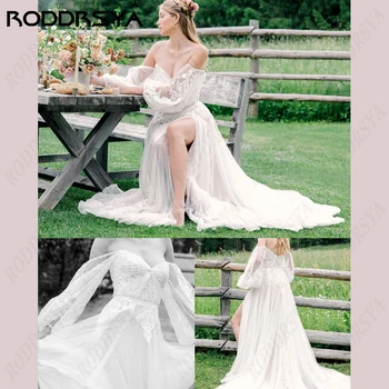 RODDRSYA плеча кружева тюль свадебные платья с длинным рукавом Puff 3D цветы платье невесты бохо милая-line vestido де novia