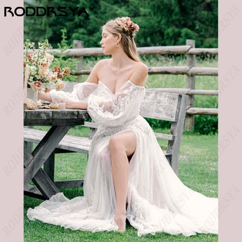 RODDRSYA плеча кружева тюль свадебные платья с длинным рукавом Puff 3D цветы платье невесты бохо милая-line vestido де novia Изображение 2