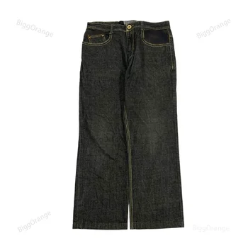 Мешковатые джинсы с графическим принтом, мужская одежда, винтажные свободные джинсы с высокой улицей, мужские повседневные прямые мужские джинсовые брюки Изображение 2
