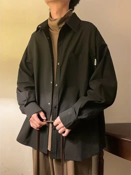 Рубашки с длинным рукавом, мужская Опрятная одежда-карго, Винтажные Мешковатые M-3XL, модные майки в стиле минимализма, Повседневные Корейские стильные Изображение 2