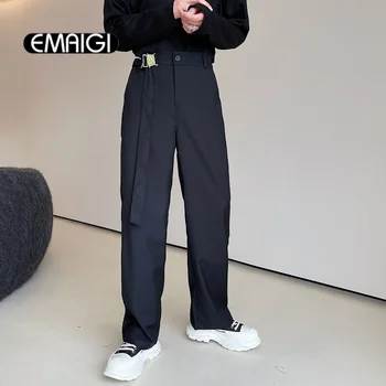 Мужские брюки Ремень с металлической пряжкой Черные Свободные повседневные прямые Широкие брюки для костюма Мужская уличная одежда Модные брюки в корейском стиле