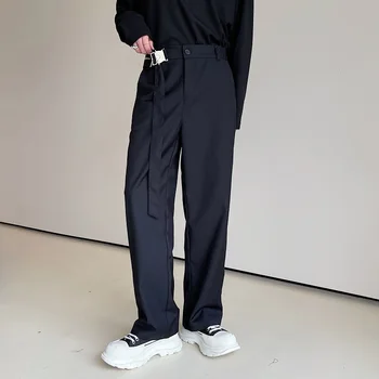 Мужские брюки Ремень с металлической пряжкой Черные Свободные повседневные прямые Широкие брюки для костюма Мужская уличная одежда Модные брюки в корейском стиле Изображение 2