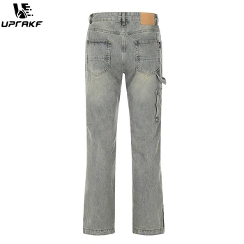 Джинсы UPRAKF с боковым карманом на пуговицах, уличная одежда, летние джинсовые брюки, повседневные модные брюки прямого кроя Изображение 2