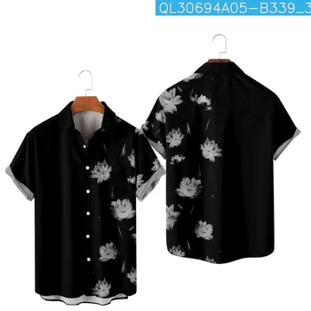 Летняя мода С рисунком Лотоса Черная Гавайская пляжная рубашка с коротким рукавом Повседневная Мужская Винтажная Блузка Уличная Одежда