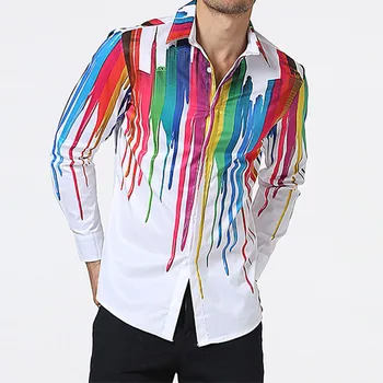 Мужские рубашки с принтом Spring Splash Rainbow Ink Для мужчин, повседневные Тонкие рубашки с отложным воротником, Винтажная одежда, сорочка 4
