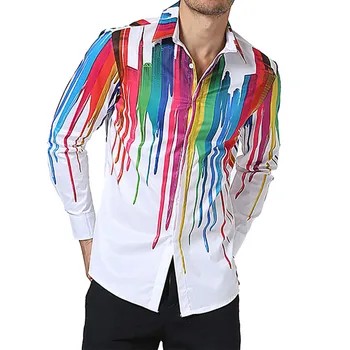 Мужские рубашки с принтом Spring Splash Rainbow Ink Для мужчин, повседневные Тонкие рубашки с отложным воротником, Винтажная одежда, сорочка 4 Изображение 2
