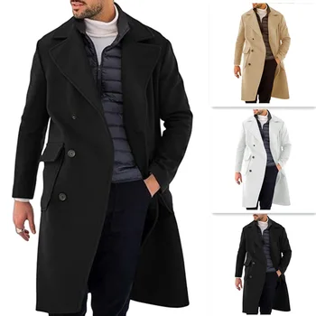 Длинное пальто, шерстяная мужская одежда, бушлат, отложной воротник, мужское пальто, верблюжий мужской тренч с карманами, смешанный тренч