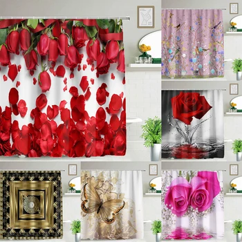 Красная роза, 3D печать, экраны для ванны, Занавески для душа в ванной, полиэстер, водонепроницаемая ткань с синим цветком, занавеска для домашнего декора 180 * 180