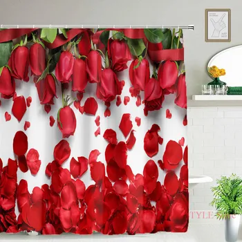 Красная роза, 3D печать, экраны для ванны, Занавески для душа в ванной, полиэстер, водонепроницаемая ткань с синим цветком, занавеска для домашнего декора 180 * 180 Изображение 2