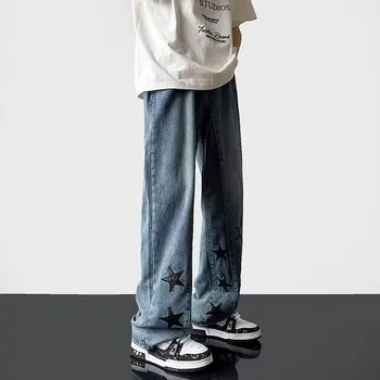 Модные Винтажные Готические Мужские Прямые Свободные Джинсы Со Звездным Принтом Мужские Джинсовые Брюки High Street Y2k Весенняя Уличная Одежда Pantalon Homme Изображение 2