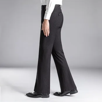 Осенние брюки в полоску для мужчин, модные широкие длинные брюки с эластичной резинкой