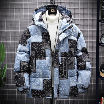 Зимние пальто с хлопковой подкладкой, мужская утепленная куртка с принтом Кешью, Модная Корейская уличная парка с капюшоном, Плотная верхняя одежда, топ для мужчин