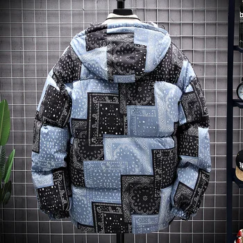 Зимние пальто с хлопковой подкладкой, мужская утепленная куртка с принтом Кешью, Модная Корейская уличная парка с капюшоном, Плотная верхняя одежда, топ для мужчин Изображение 2