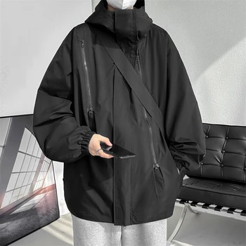 Уличная одежда 2023, Весенняя Повседневная мужская куртка с капюшоном, уличное пальто, черные ветрозащитные куртки-бомберы для мужчин Изображение 2