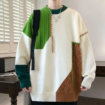 Осенне-зимние Теплые мужские свитера, Модные Пуловеры в стиле пэчворк с высоким воротом, Новая Корейская уличная одежда, Пуловеры, Повседневная Мужская одежда