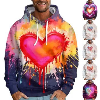 Мужская толстовка с принтом в форме сердца, осенне-зимние топы с капюшоном с карманом кенгуру, Модные повседневные худи для пар, хит продаж, S-6XL Изображение 2