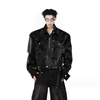 Мужская кожаная куртка Y2k, уличная одежда, искусственная кожа, глянцевая искусственная кожа, верхняя одежда с длинными рукавами, Мотоциклетные короткие топы на молнии, пальто w610