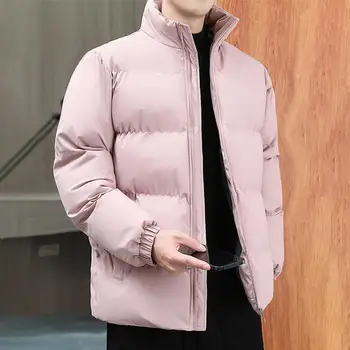 Мужское пальто на молнии, однотонное мужское пальто, зимняя уличная одежда, мужское однотонное хлопчатобумажное пальто с воротником-стойкой, длинными рукавами на молнии Изображение 2