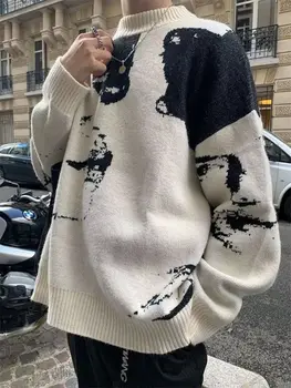 Свитер свободной вязки, мужской взрывной уличный пуловер, круглый вырез, свитер с длинными рукавами, зимняя уличная одежда Y2k, верхняя одежда в стиле ретро