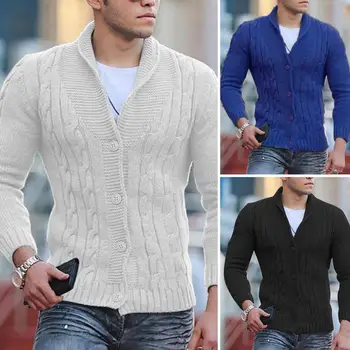Мужской вязаный свитер с отворотом, мужская куртка, стильный мужской вязаный кардиган, однобортный свитер с отворотом, пальто с витой текстурой