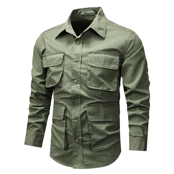 Мода 2023, осенне-весенняя одежда, Зеленые черные рубашки военного бренда Cargo Для мужчин, повседневные блузки с длинными рукавами, большие размеры 5XL 6XL