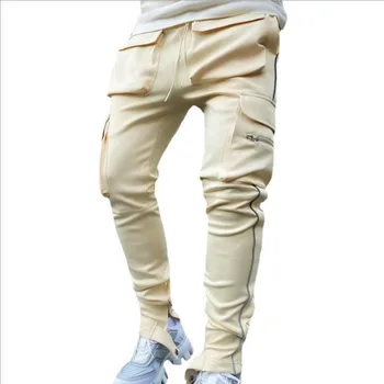 Мужские брюки-джоггеры цвета хаки, мужские брюки-карго, приталенные Спортивные Осенние светоотражающие стрейчевые Высококачественные дизайнерские повседневные брюки Regular Fit