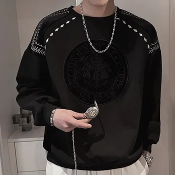 Черные толстовки с простроченным принтом, пуловер в стиле хип-хоп, японская корейская уличная толстовка, мужская осенняя толстовка с круглым вырезом, мужская