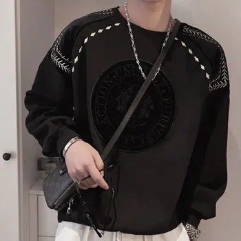 Черные толстовки с простроченным принтом, пуловер в стиле хип-хоп, японская корейская уличная толстовка, мужская осенняя толстовка с круглым вырезом, мужская Изображение 2