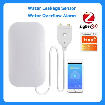  Датчик утечки воды Tuya Zigbee Детектор сигнализации о переливе воды Мониторинг в режиме реального времени Уведомление приложения для кухни Ванной комнаты