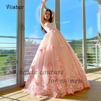 Пышное розовое платье Viisher для выпускного вечера, платье для подростков из тюля с 3D цветами, платье принцессы трапециевидной формы со шлейфом