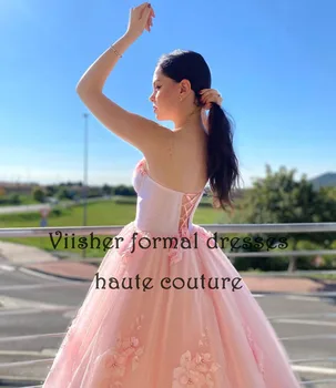 Пышное розовое платье Viisher для выпускного вечера, платье для подростков из тюля с 3D цветами, платье принцессы трапециевидной формы со шлейфом Изображение 2