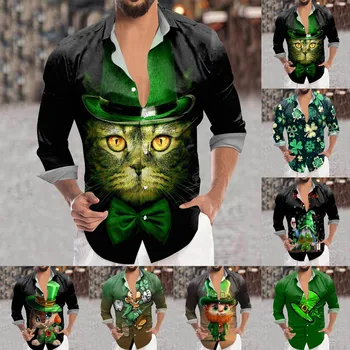 Мужская рубашка с лацканами на пуговицах с цифровым 3D принтом и длинным рукавом в европейском и американском стиле, Однотонные рубашки, красивые мужчины